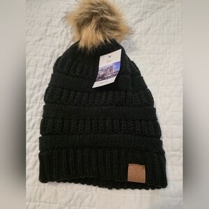 Black Knit Beanie with Faux Fur Pom NWT